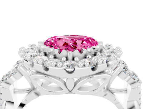 White gold Heart Cut Pink Sapphire Halo Ring with Pavé Band and Four-Prong Setting_16