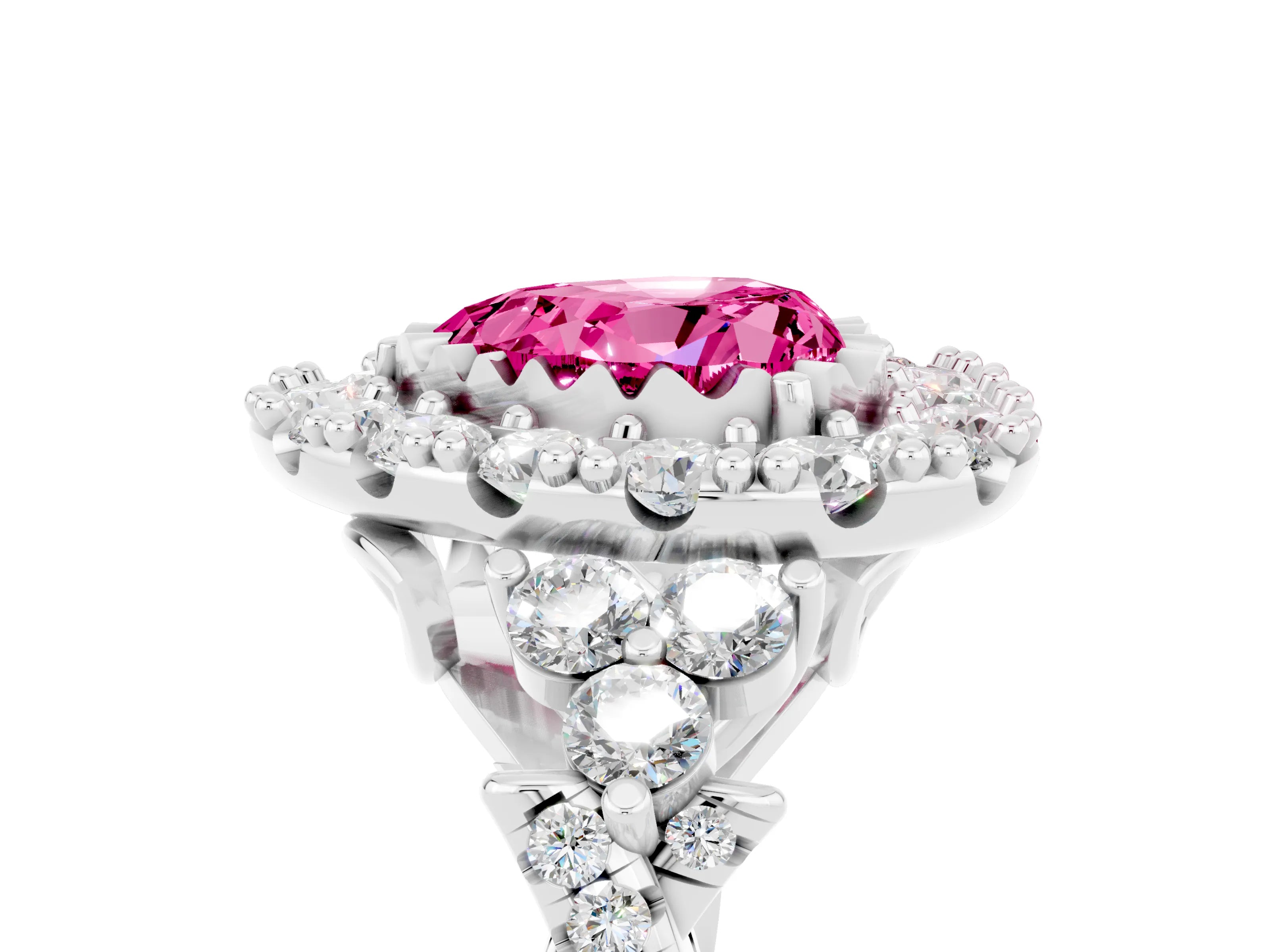 White gold Heart Cut Pink Sapphire Halo Ring with Pavé Band and Four-Prong Setting_17