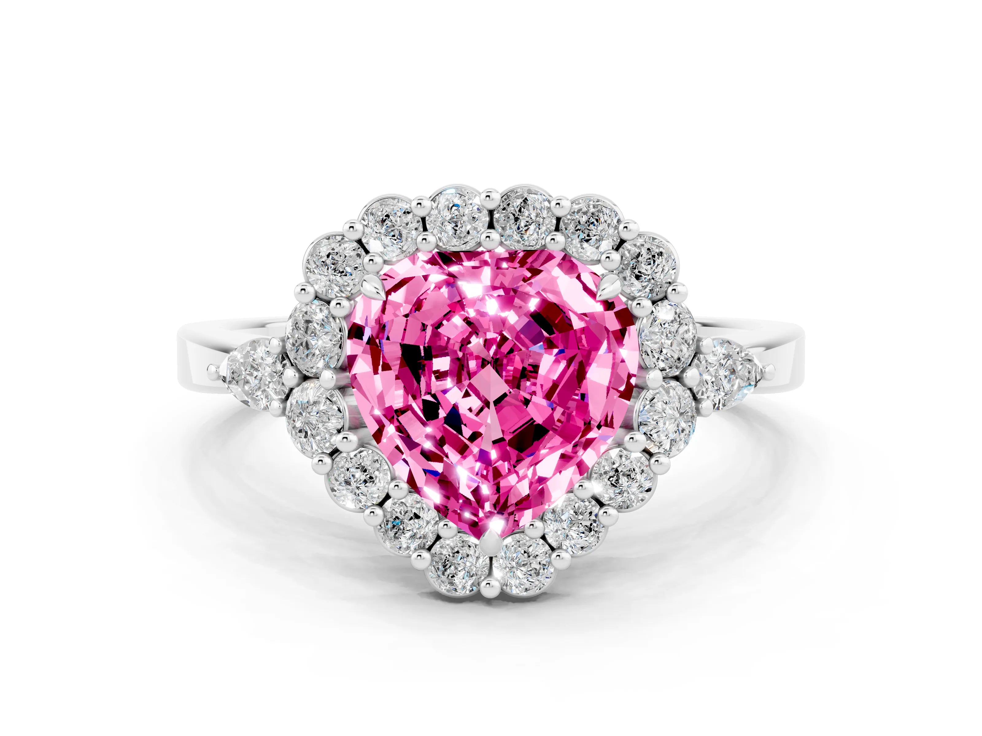 White gold Heart Cut Pink Sapphire Halo Ring with Pear Side Stones and Prong Setting_24