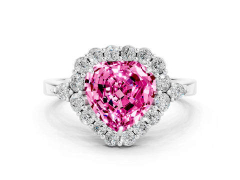 White gold Heart Cut Pink Sapphire Halo Ring with Pear Side Stones and Prong Setting_24