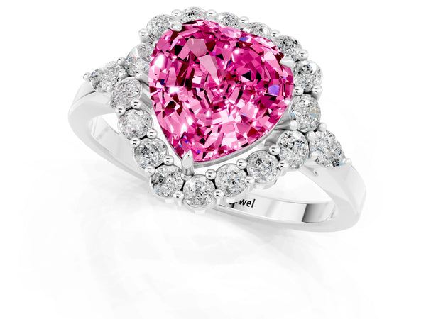 White gold Heart Cut Pink Sapphire Halo Ring with Pear Side Stones and Prong Setting