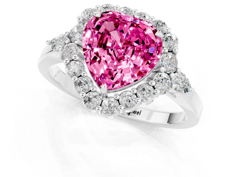 White gold Heart Cut Pink Sapphire Halo Ring with Pear Side Stones and Prong Setting_25