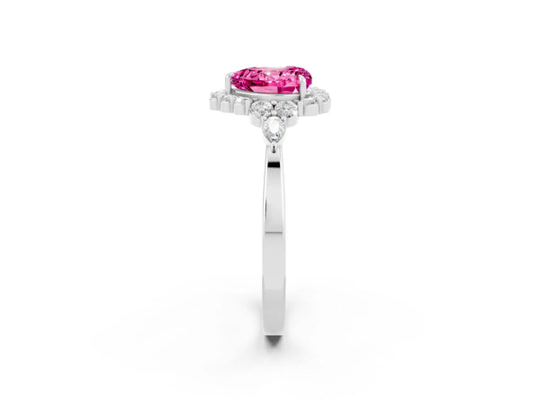 White gold Heart Cut Pink Sapphire Halo Ring with Pear Side Stones and Prong Setting