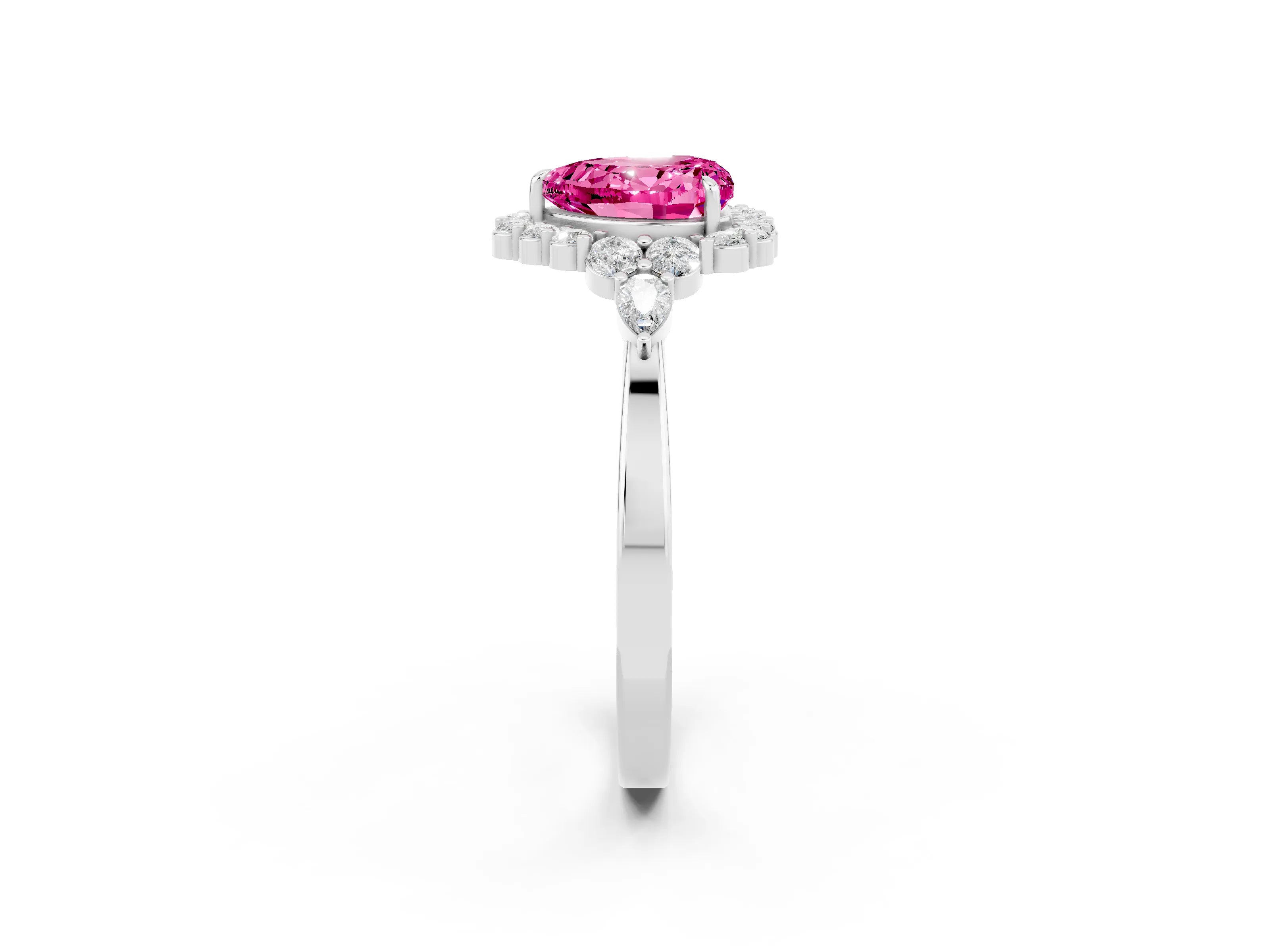 White gold Heart Cut Pink Sapphire Halo Ring with Pear Side Stones and Prong Setting_26