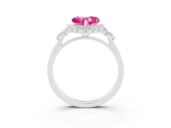 Platinum Heart Cut Pink Sapphire Halo Ring with Pear Side Stones and Prong Setting
