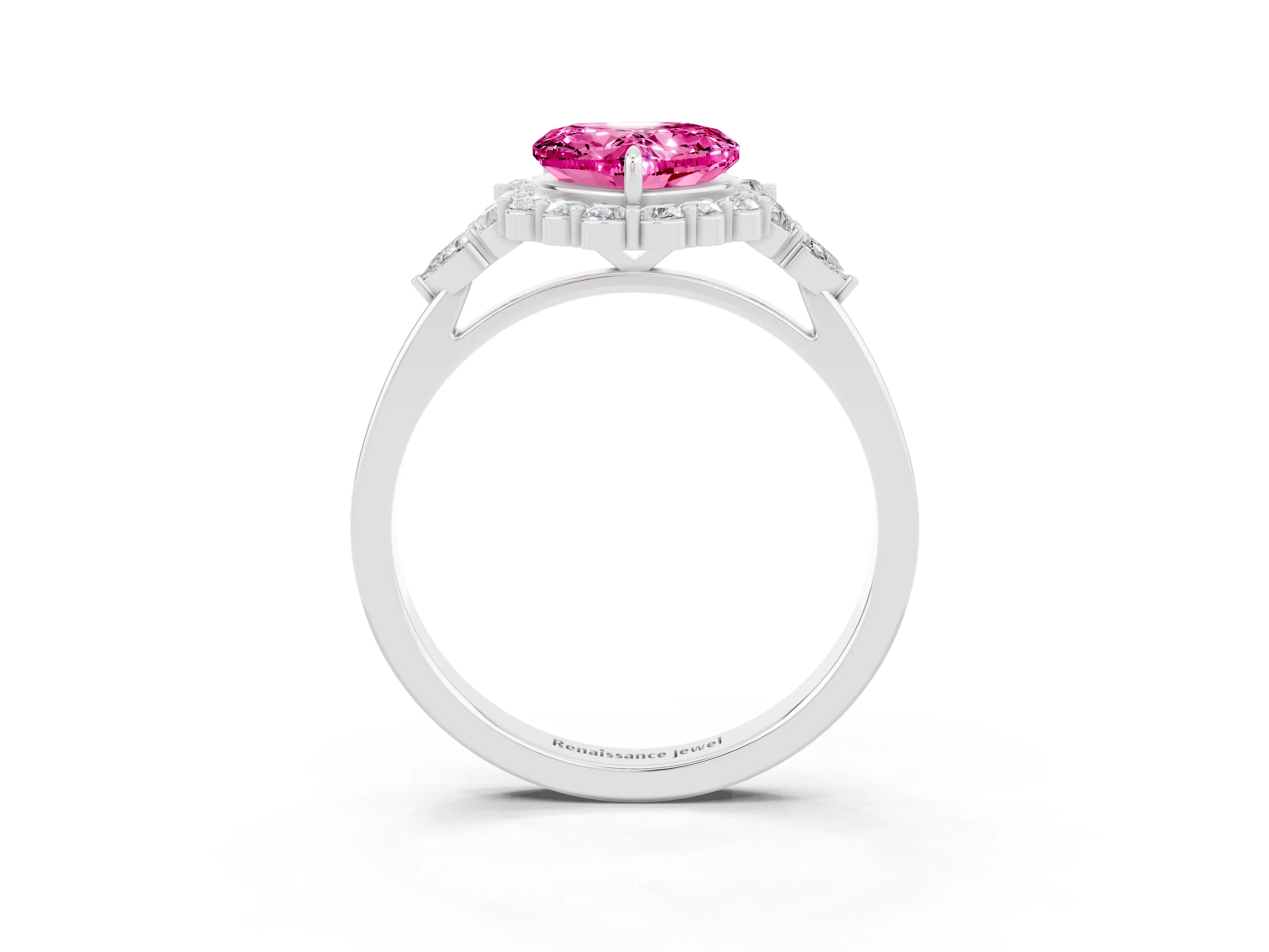 White gold Heart Cut Pink Sapphire Halo Ring with Pear Side Stones and Prong Setting_27