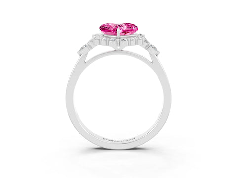 White gold Heart Cut Pink Sapphire Halo Ring with Pear Side Stones and Prong Setting_27