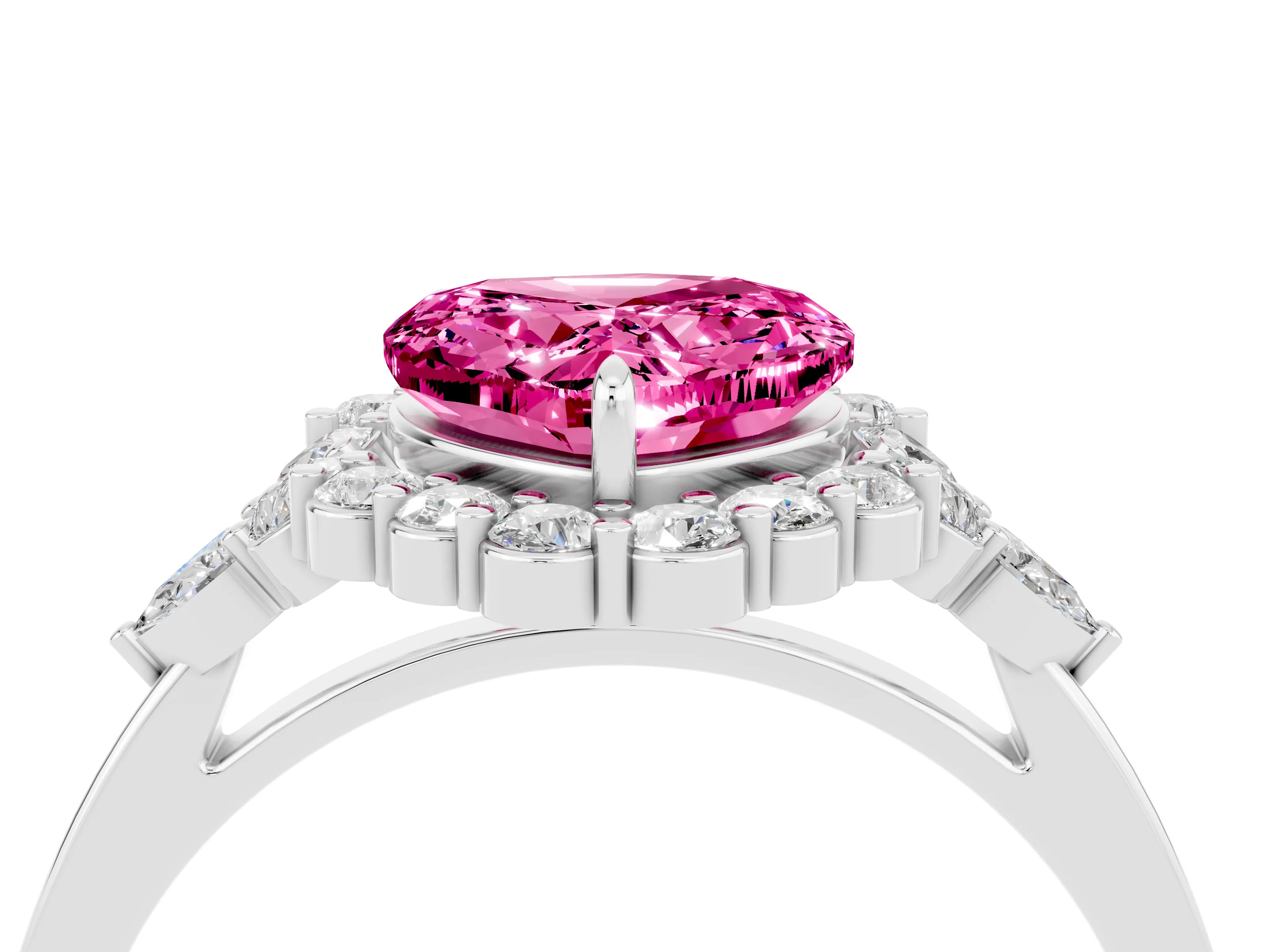 White gold Heart Cut Pink Sapphire Halo Ring with Pear Side Stones and Prong Setting_28