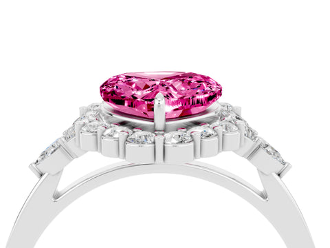 White gold Heart Cut Pink Sapphire Halo Ring with Pear Side Stones and Prong Setting_28