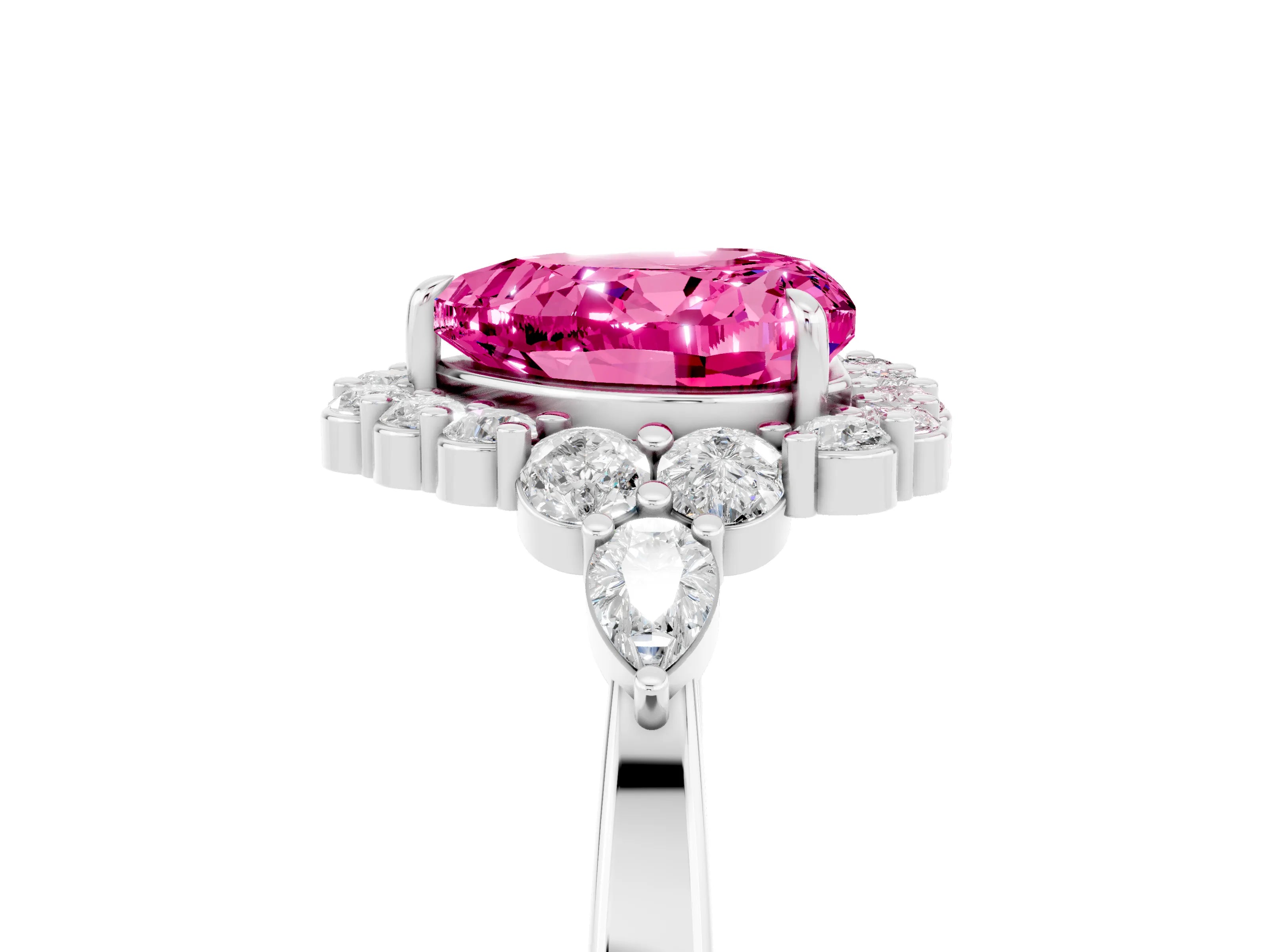 White gold Heart Cut Pink Sapphire Halo Ring with Pear Side Stones and Prong Setting_29