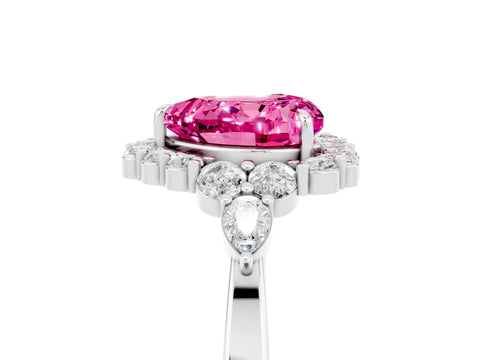 White gold Heart Cut Pink Sapphire Halo Ring with Pear Side Stones and Prong Setting_29