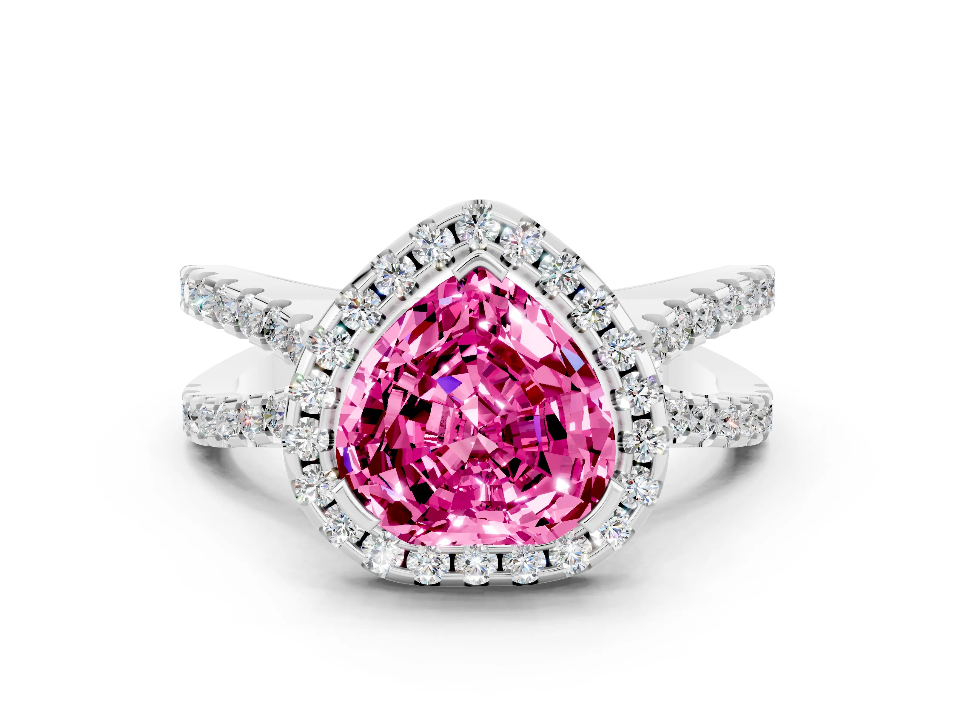 White gold Heart Cut Pink Sapphire Halo Ring with Split Shank Pavé Band and Prong Setting_12