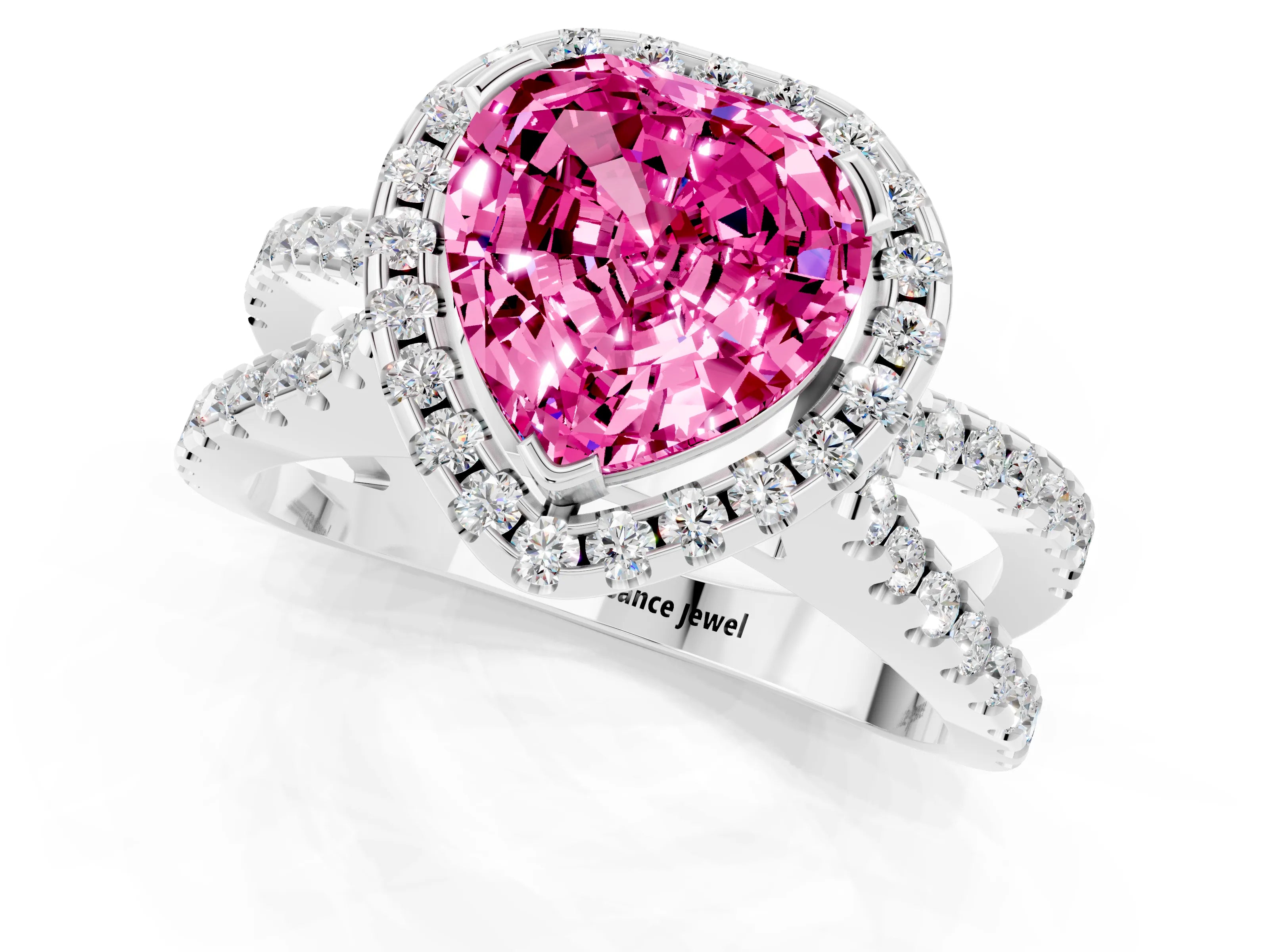 White gold Heart Cut Pink Sapphire Halo Ring with Split Shank Pavé Band and Prong Setting_13