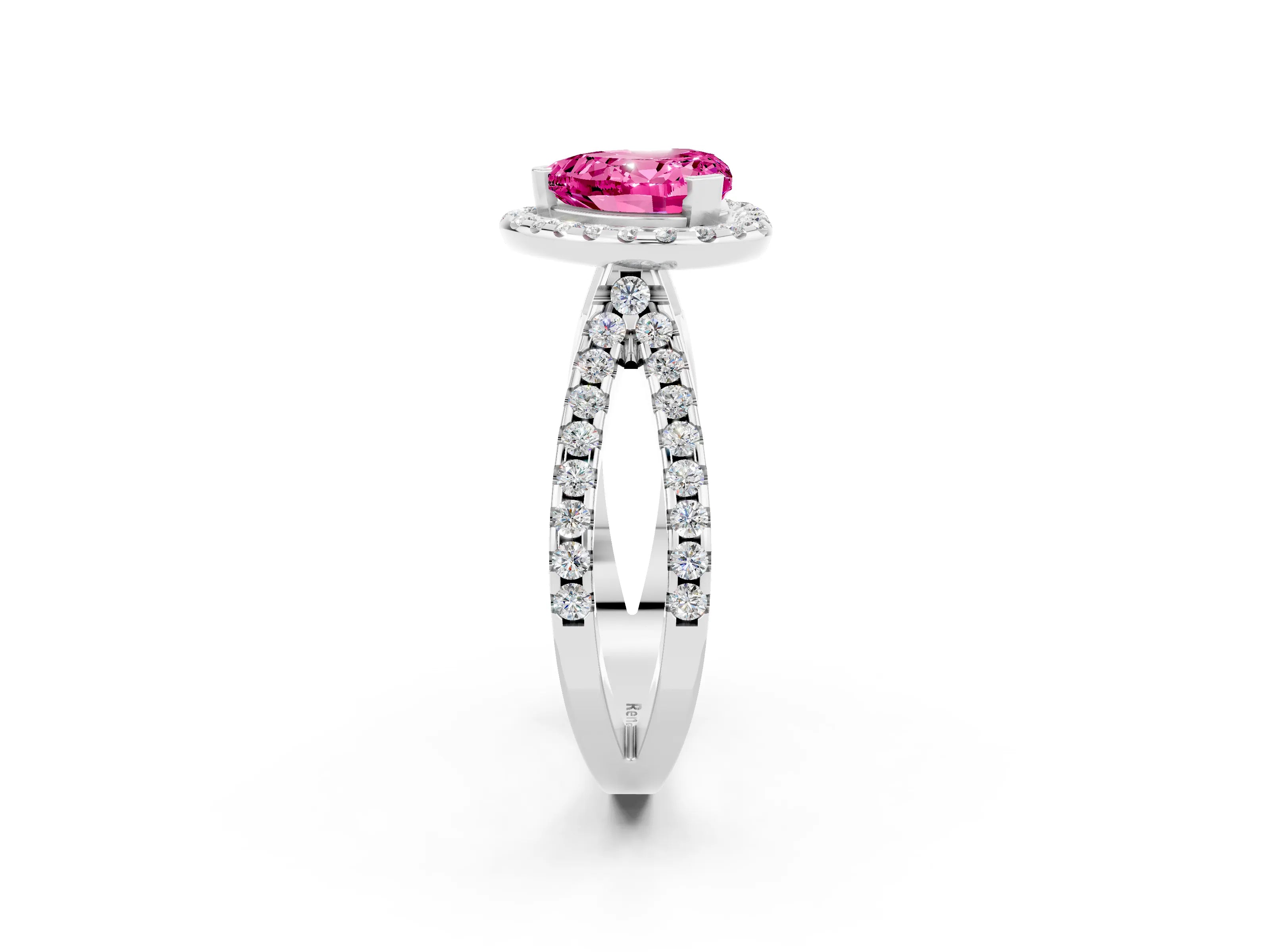 White gold Heart Cut Pink Sapphire Halo Ring with Split Shank Pavé Band and Prong Setting_14