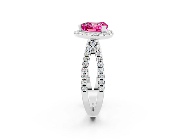 White gold Heart Cut Pink Sapphire Halo Ring with Split Shank Pavé Band and Prong Setting