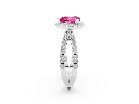 White gold Heart Cut Pink Sapphire Halo Ring with Split Shank Pavé Band and Prong Setting_14