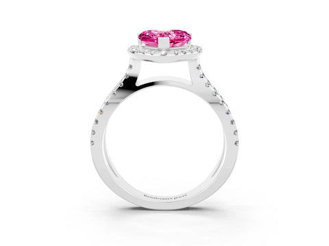 White gold Heart Cut Pink Sapphire Halo Ring with Split Shank Pavé Band and Prong Setting_15