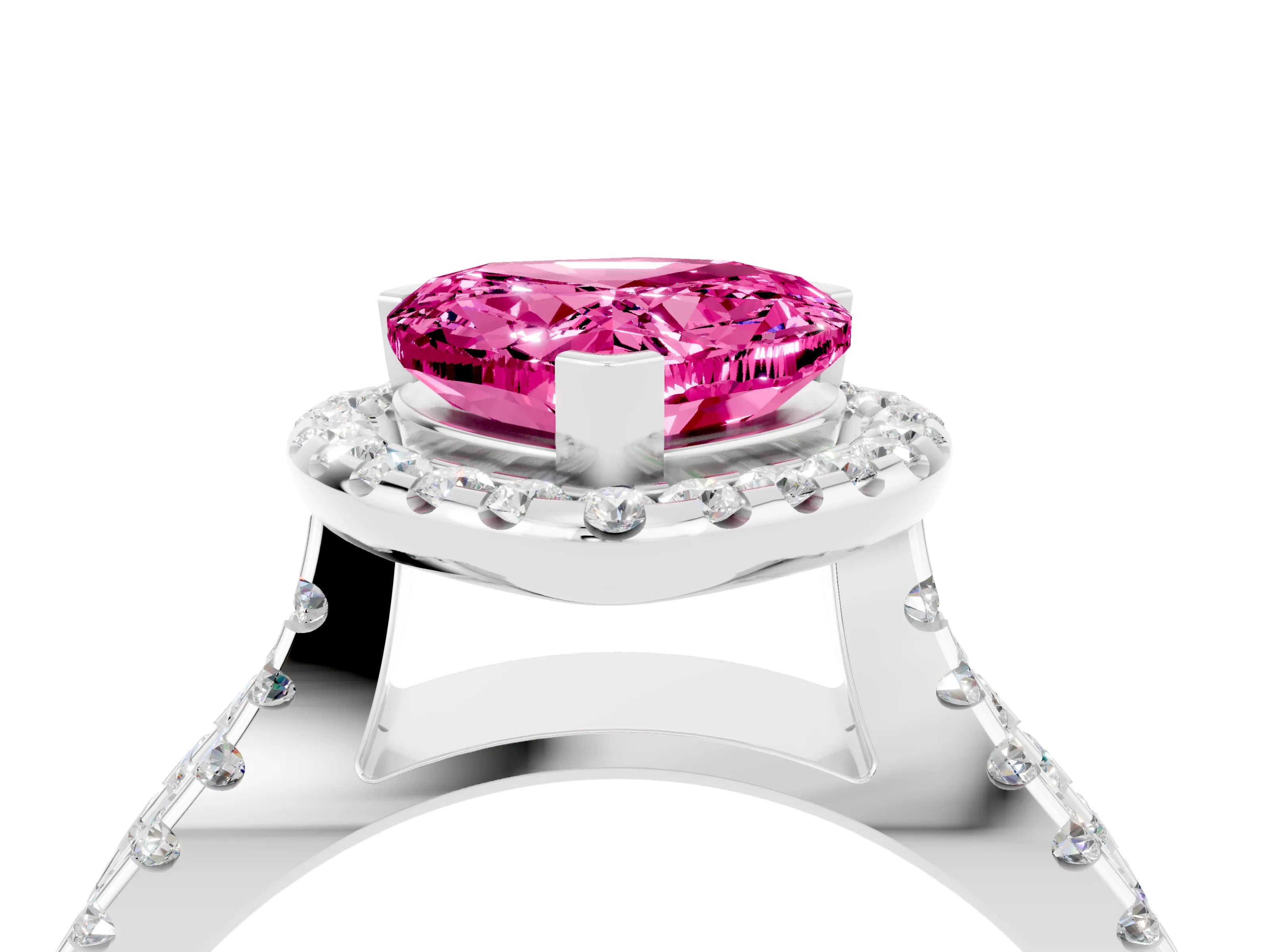 White gold Heart Cut Pink Sapphire Halo Ring with Split Shank Pavé Band and Prong Setting_16