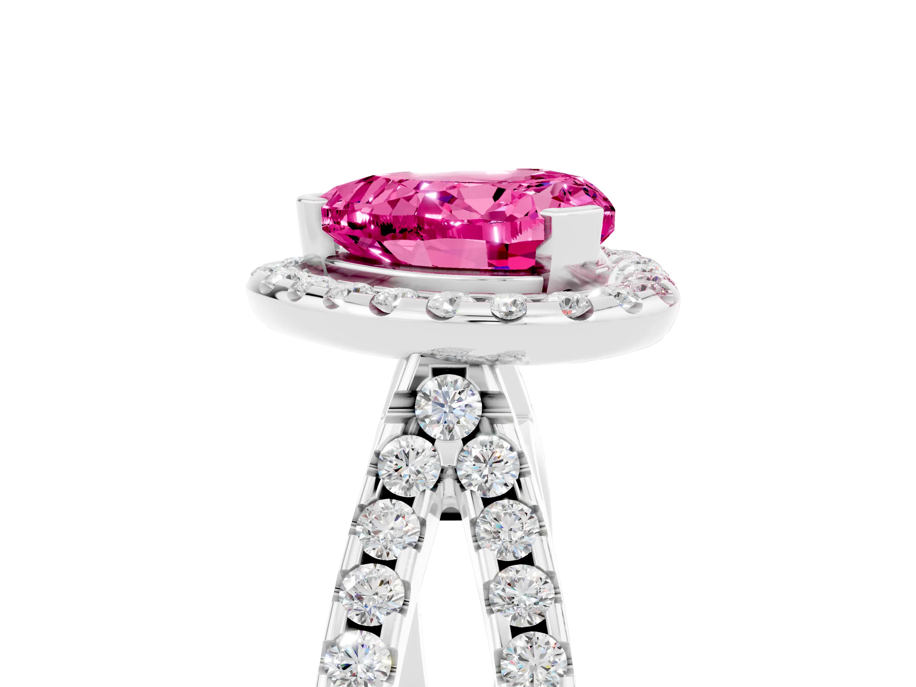 White gold Heart Cut Pink Sapphire Halo Ring with Split Shank Pavé Band and Prong Setting_17