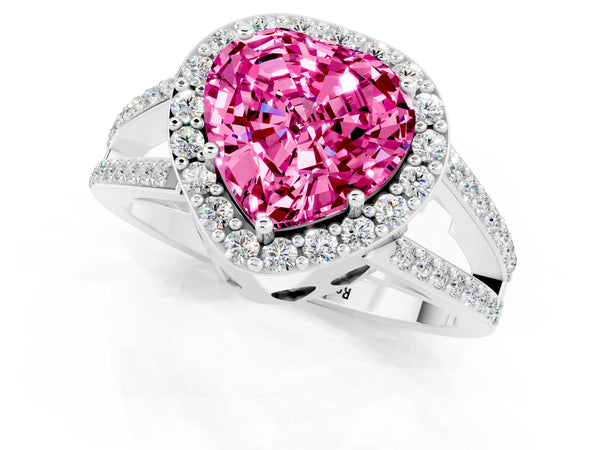 White gold Heart Cut Pink Sapphire Halo Ring with Split Shank U-Prong Band and Four-Prong Setting
