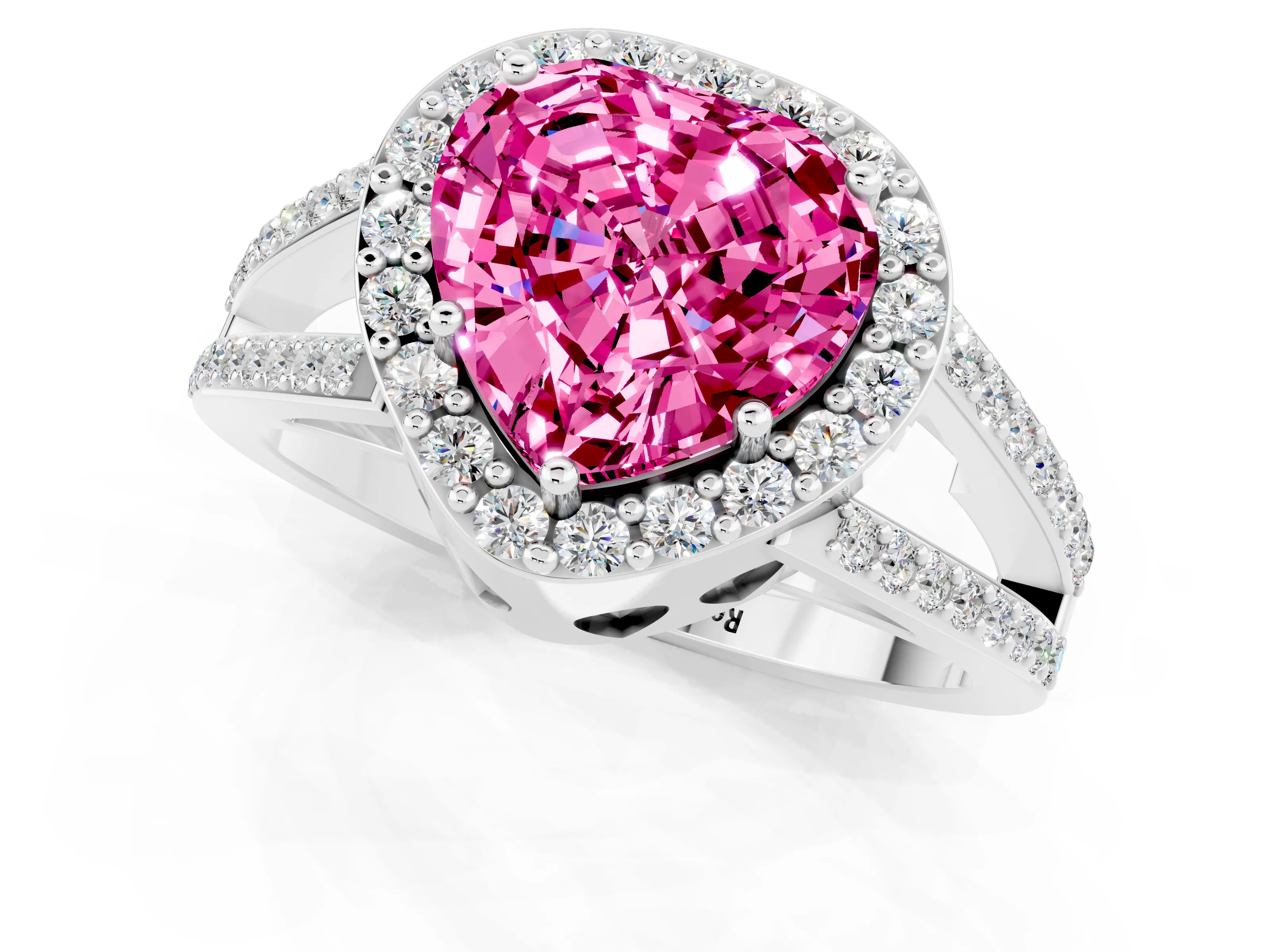 White gold Heart Cut Pink Sapphire Halo Ring with Split Shank U-Prong Band and Four-Prong Setting_1