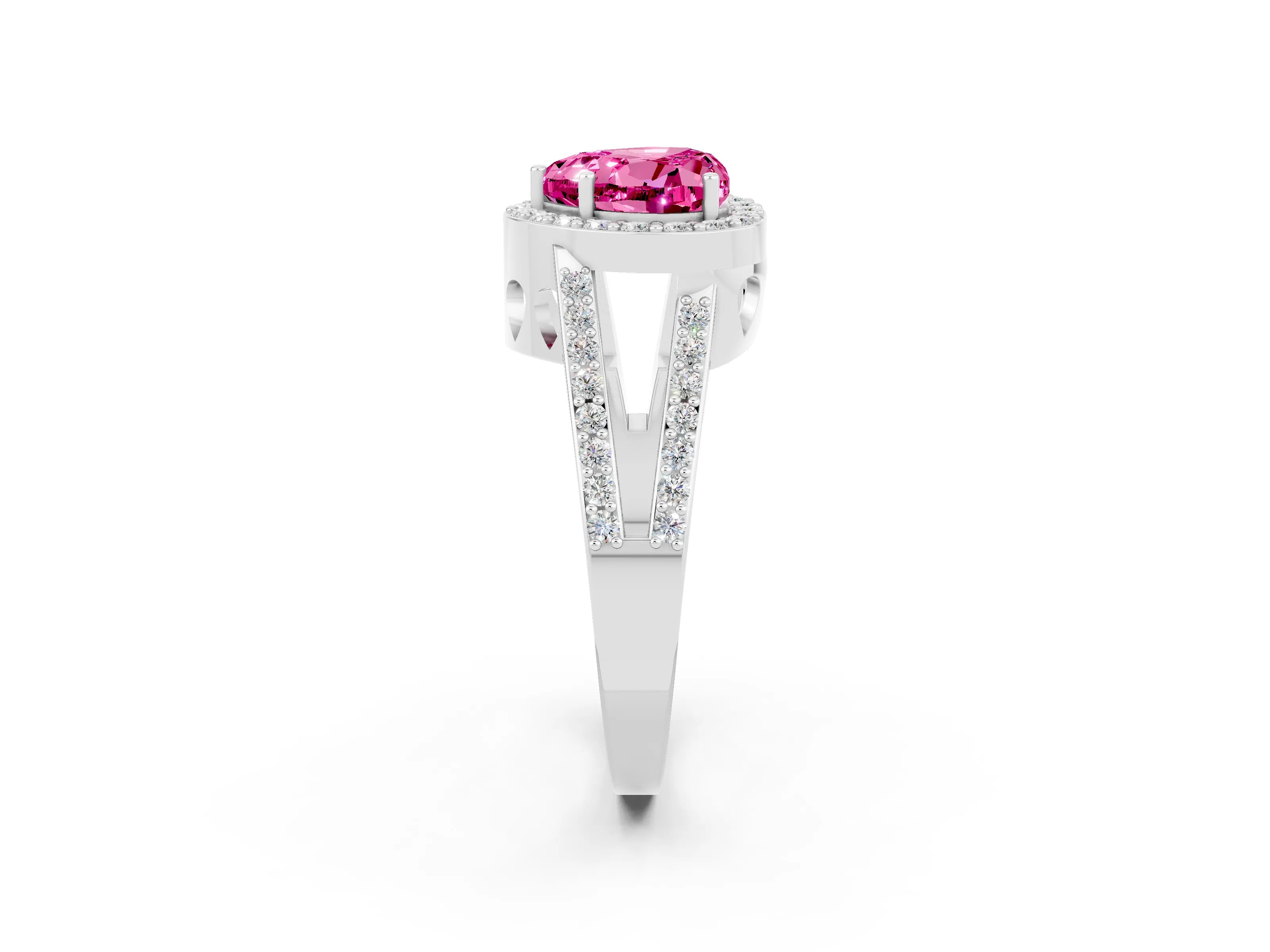 White gold Heart Cut Pink Sapphire Halo Ring with Split Shank U-Prong Band and Four-Prong Setting_2