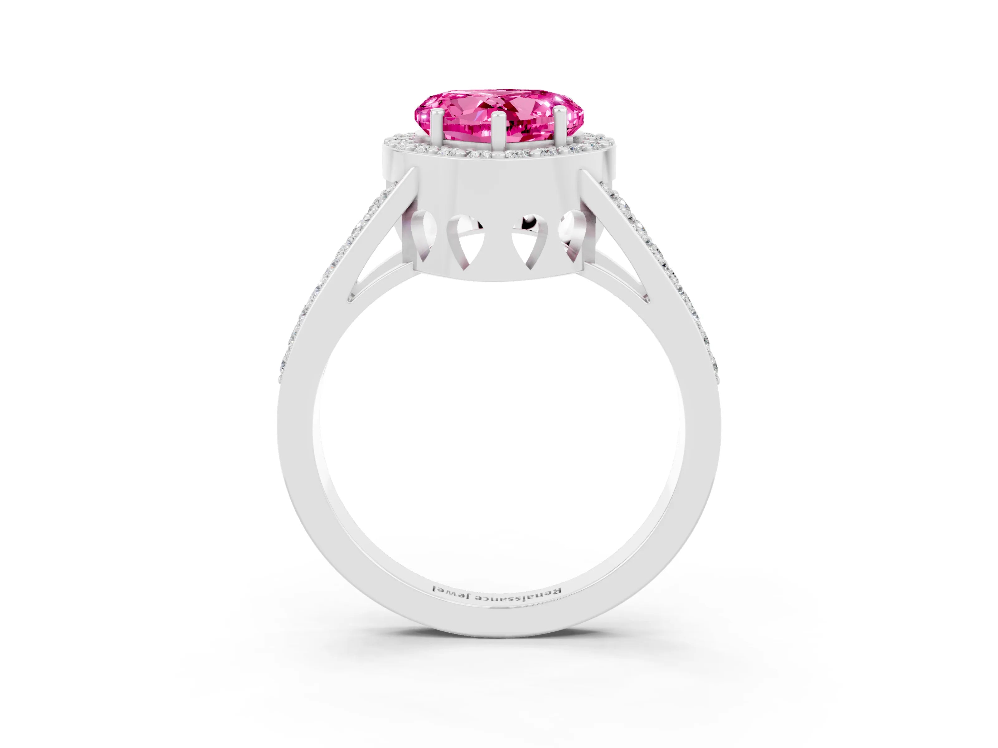 White gold Heart Cut Pink Sapphire Halo Ring with Split Shank U-Prong Band and Four-Prong Setting_3