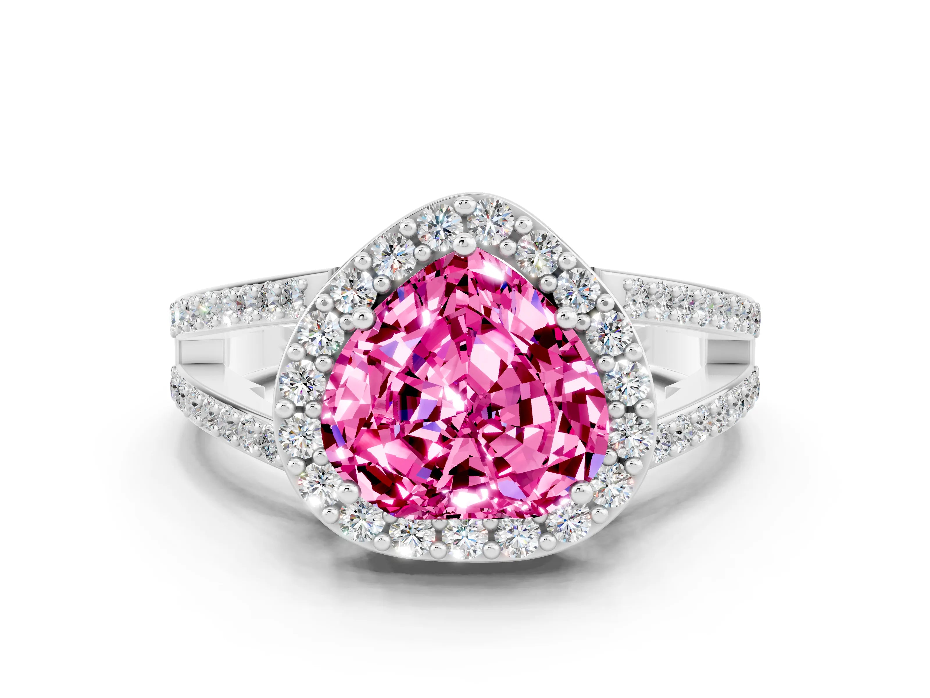 White gold Heart Cut Pink Sapphire Halo Ring with Split Shank U-Prong Band and Four-Prong Setting
