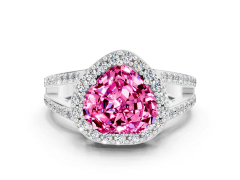 White gold Heart Cut Pink Sapphire Halo Ring with Split Shank U-Prong Band and Four-Prong Setting
