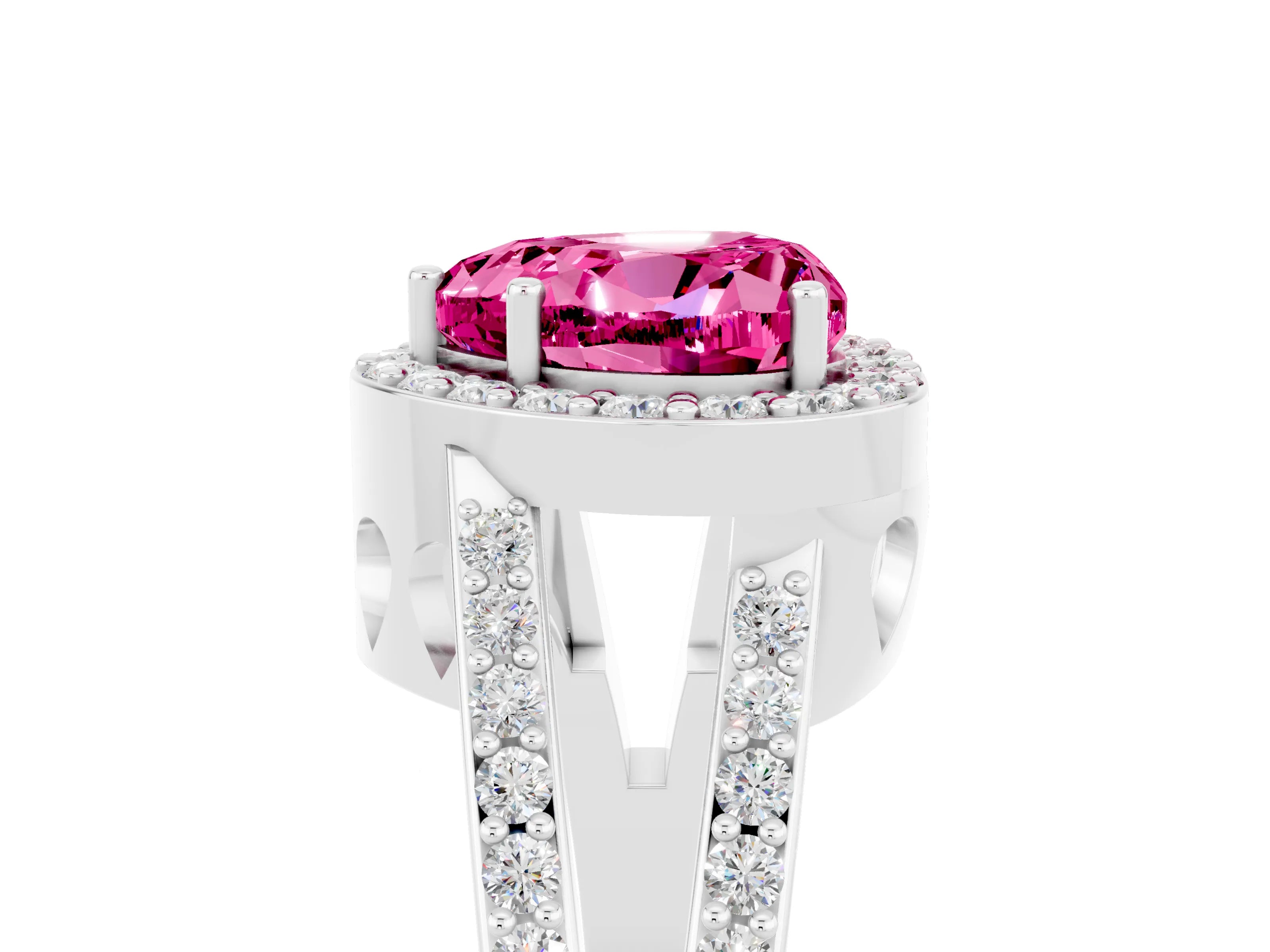 White gold Heart Cut Pink Sapphire Halo Ring with Split Shank U-Prong Band and Four-Prong Setting_5