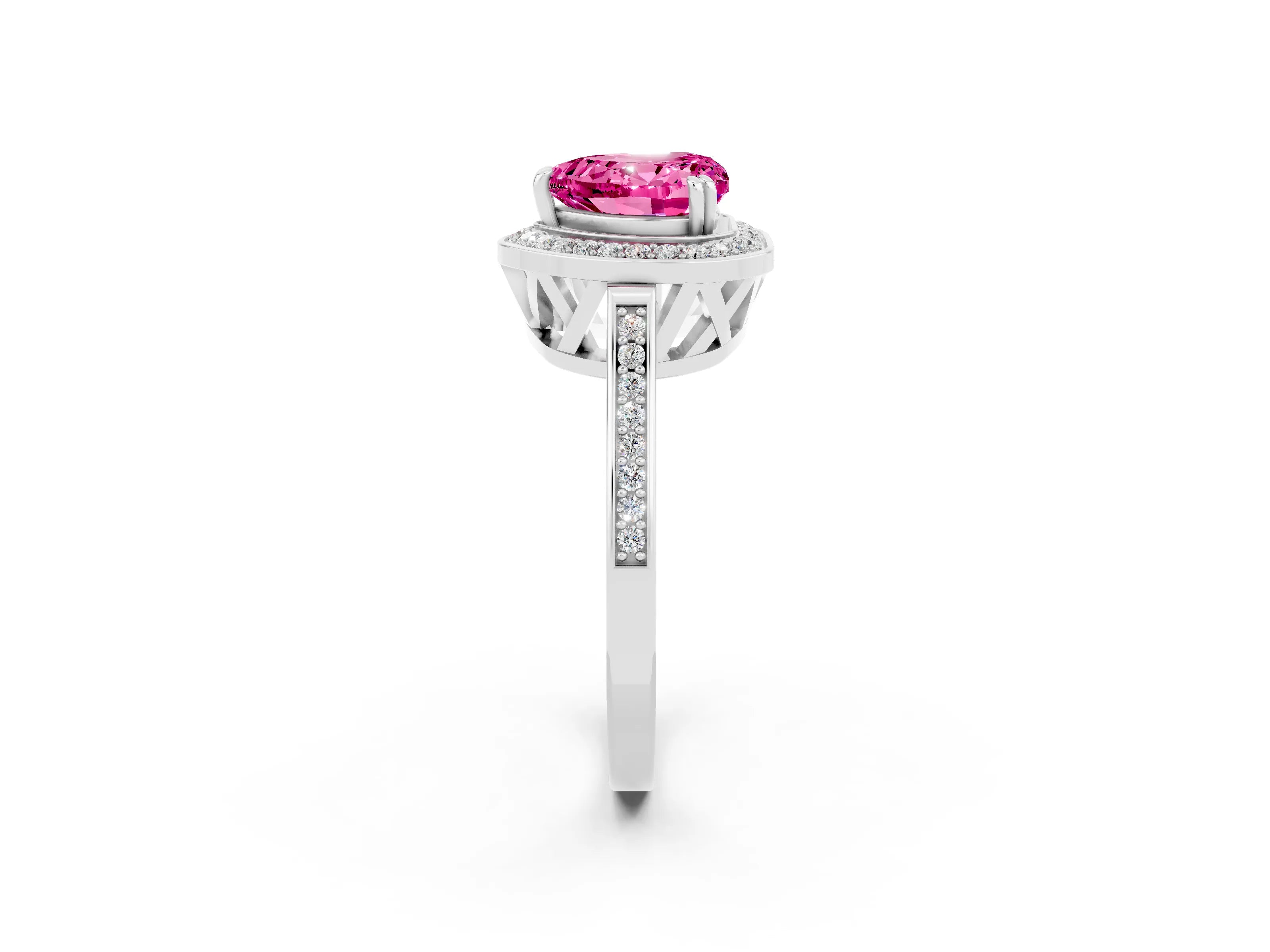 White gold Heart Cut Pink Sapphire Halo Ring with Split Shank and Four-Prong Setting_10