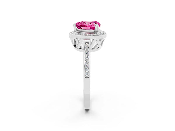 Silver Heart Cut Pink Sapphire Halo Ring with Split Shank and Four-Prong Setting