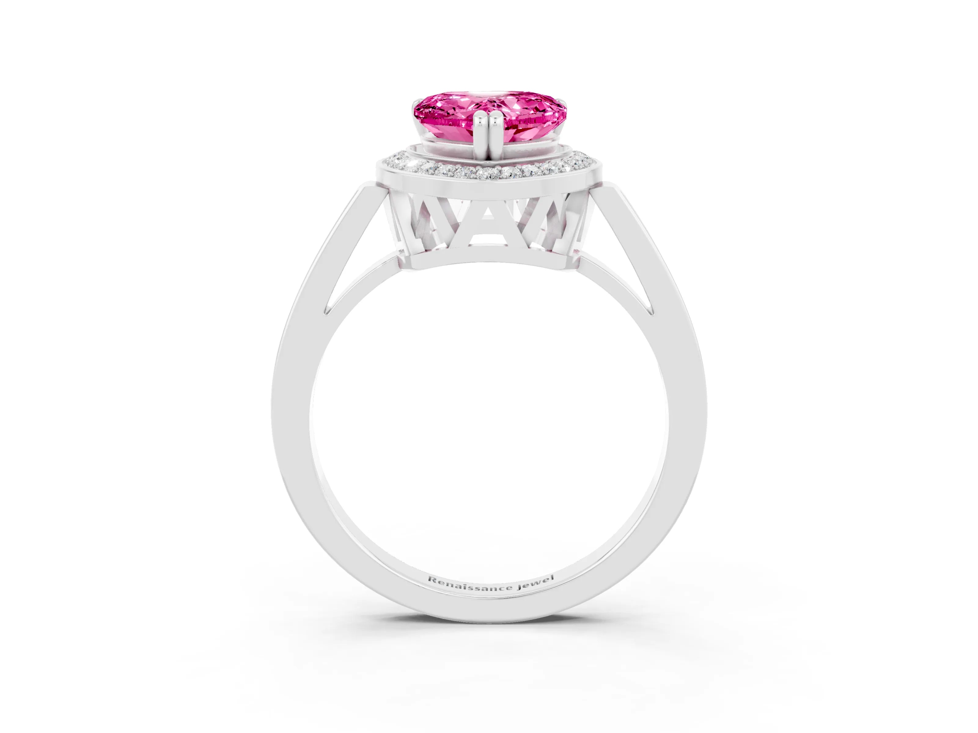 White gold Heart Cut Pink Sapphire Halo Ring with Split Shank and Four-Prong Setting_11