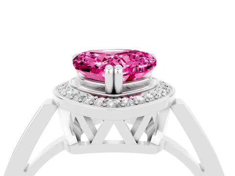 White gold Heart Cut Pink Sapphire Halo Ring with Split Shank and Four-Prong Setting_12