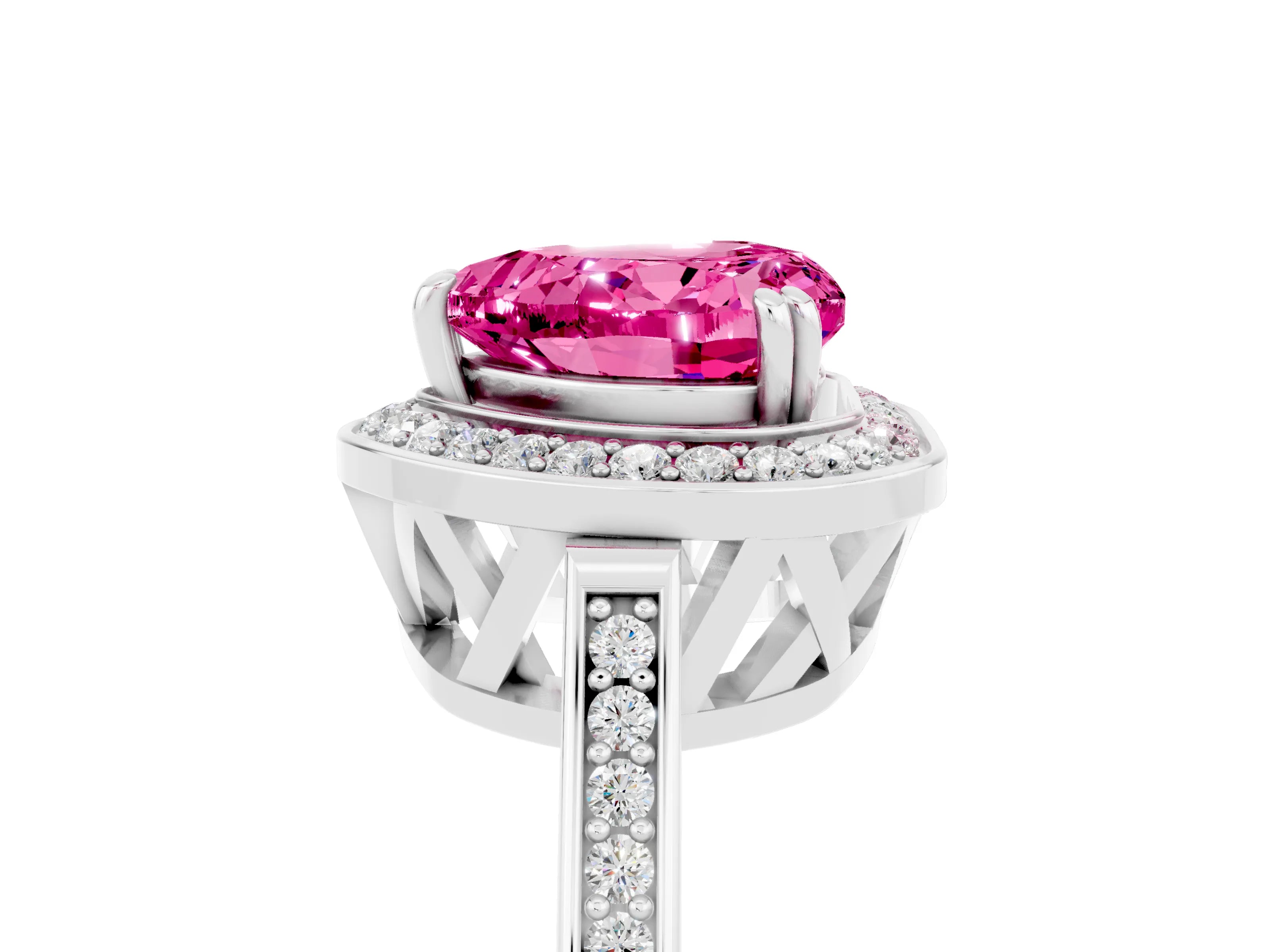 White gold Heart Cut Pink Sapphire Halo Ring with Split Shank and Four-Prong Setting_13