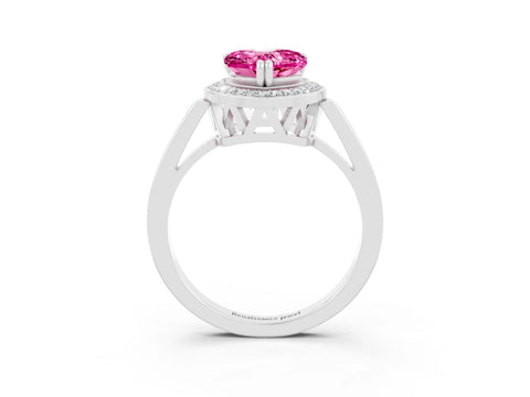 White gold Heart Cut Pink Sapphire Halo Ring with Split Shank and Four-Prong Setting_23