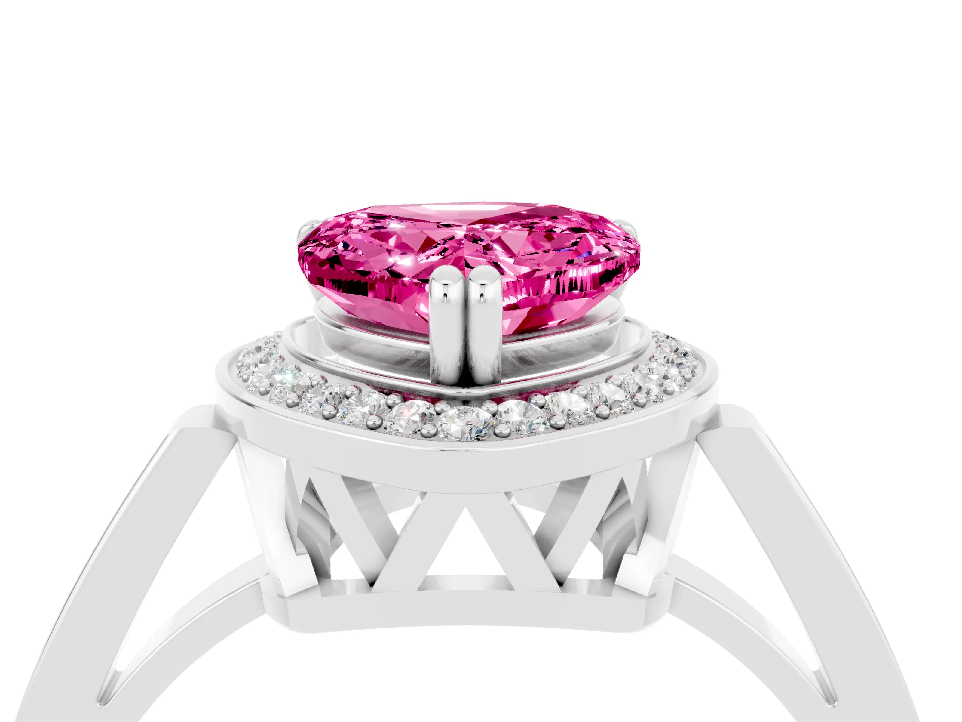 White gold Heart Cut Pink Sapphire Halo Ring with Split Shank and Four-Prong Setting_24
