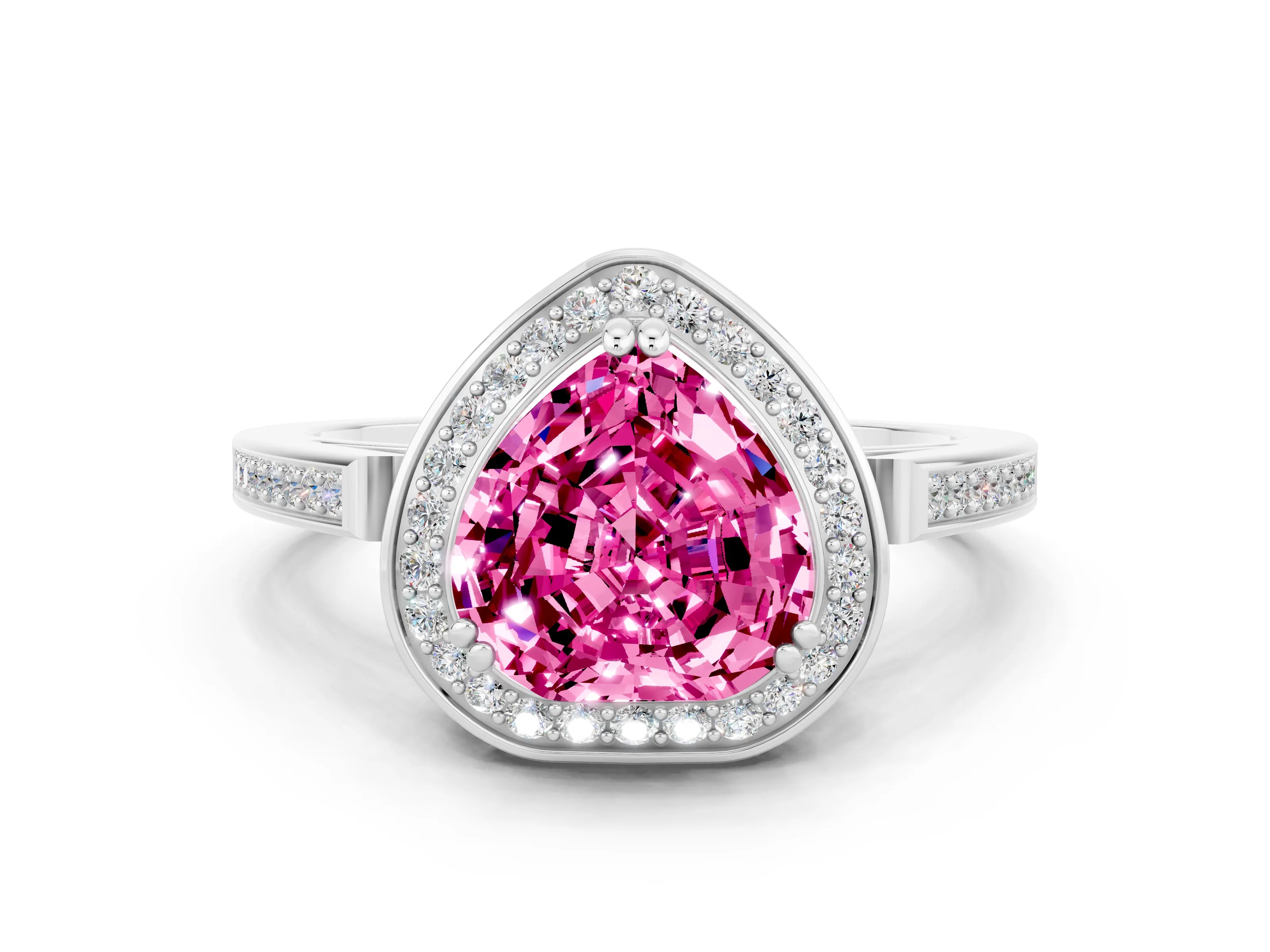 White gold Heart Cut Pink Sapphire Halo Ring with Split Shank and Four-Prong Setting_8