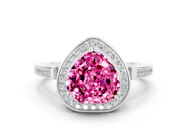 Silver Heart Cut Pink Sapphire Halo Ring with Split Shank and Four-Prong Setting