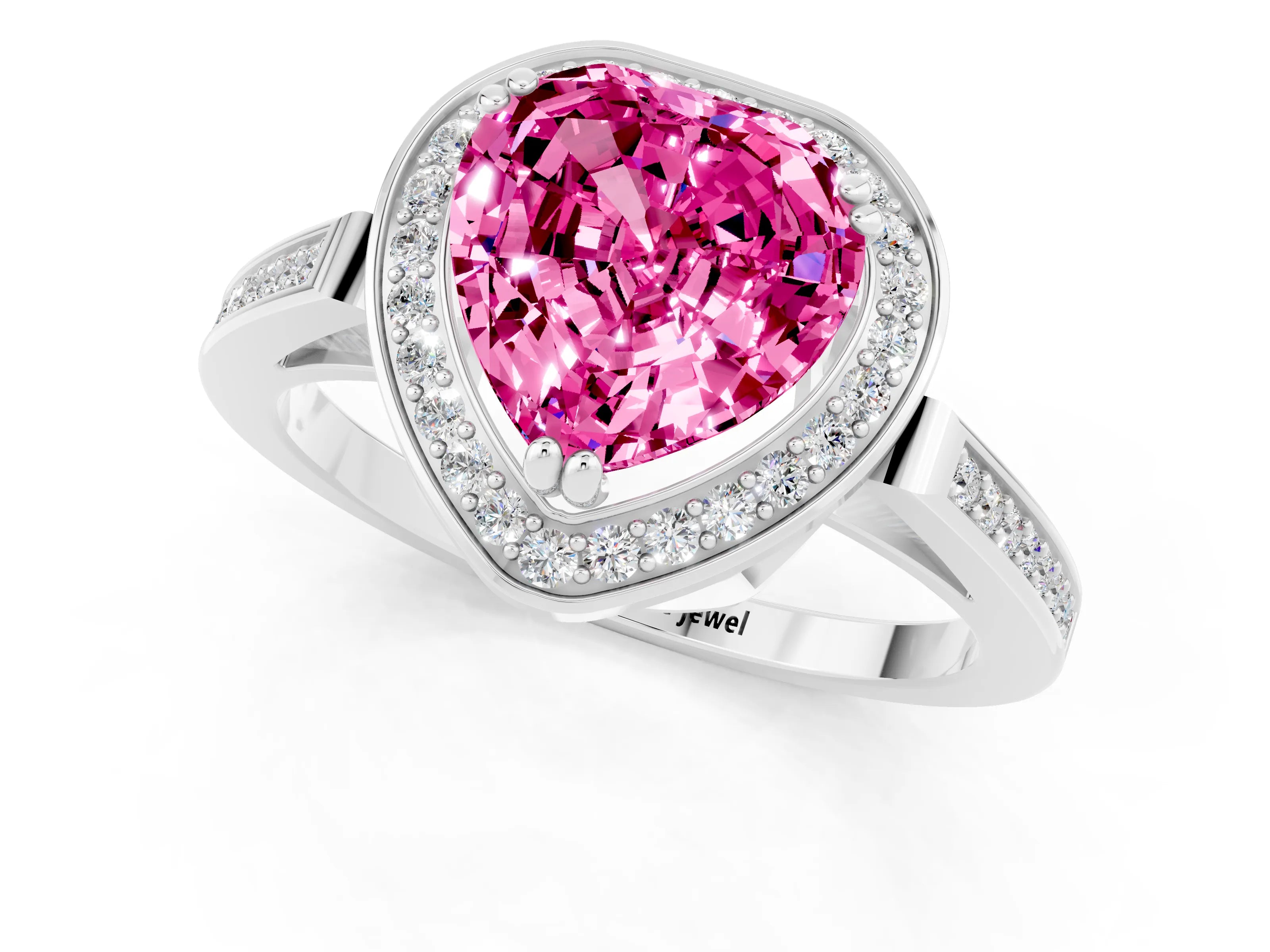 White gold Heart Cut Pink Sapphire Halo Ring with Split Shank and Four-Prong Setting_9