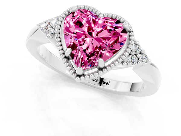 Platinum Heart Cut Pink Sapphire Halo Ring with Tapered Band and Four-Prong Setting