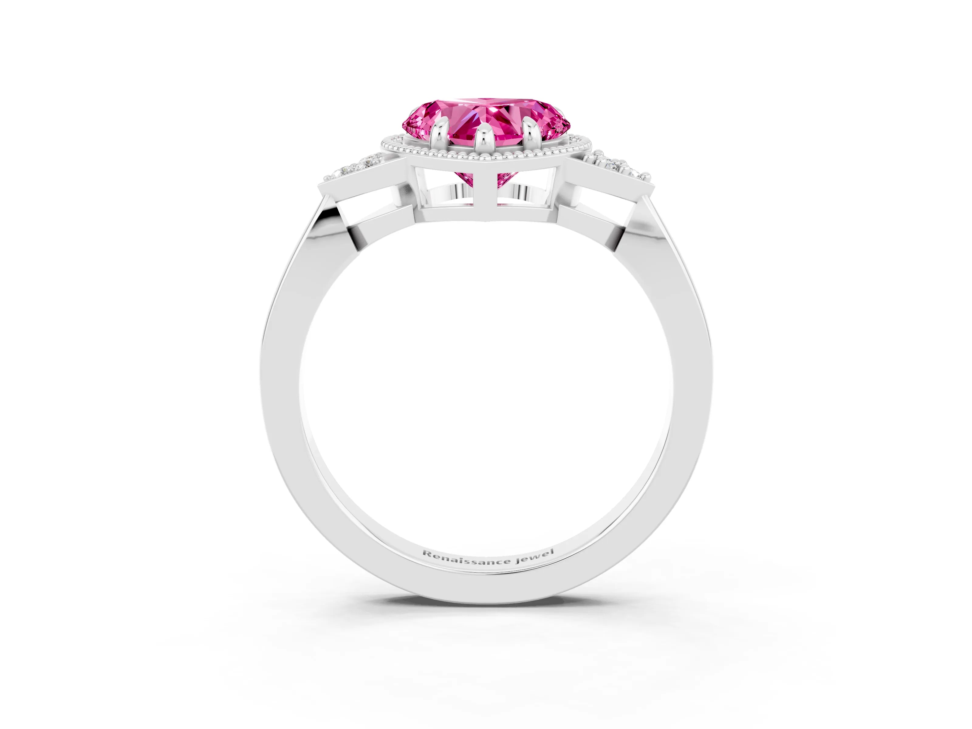 White gold Heart Cut Pink Sapphire Halo Ring with Tapered Band and Four-Prong Setting_3