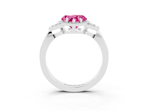 White gold Heart Cut Pink Sapphire Halo Ring with Tapered Band and Four-Prong Setting_3