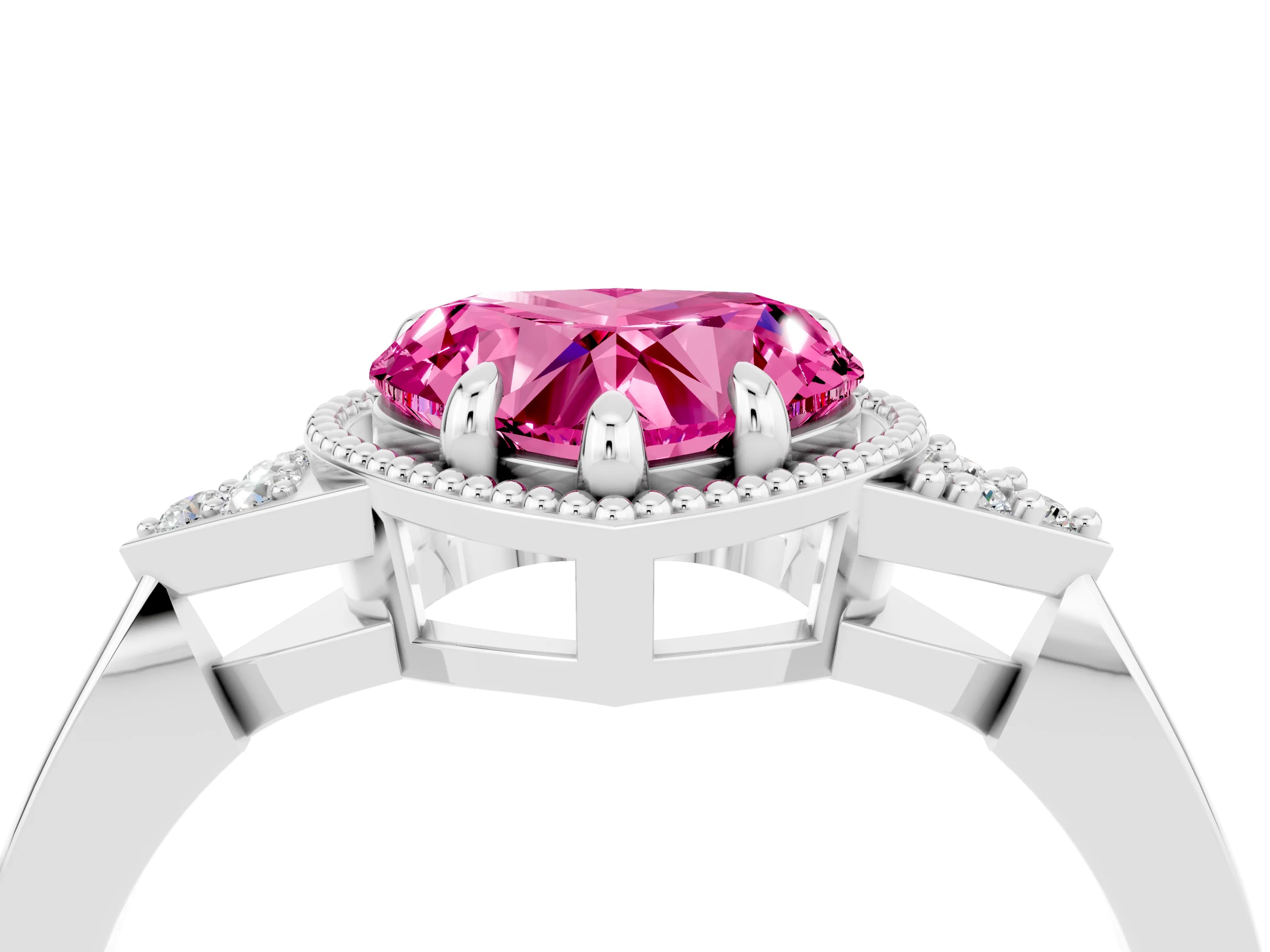 White gold Heart Cut Pink Sapphire Halo Ring with Tapered Band and Four-Prong Setting_4