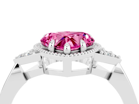 White gold Heart Cut Pink Sapphire Halo Ring with Tapered Band and Four-Prong Setting_4