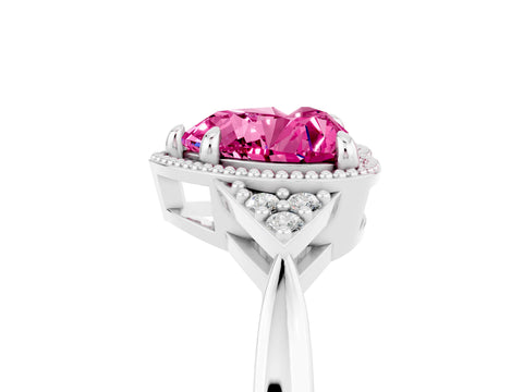 White gold Heart Cut Pink Sapphire Halo Ring with Tapered Band and Four-Prong Setting_5