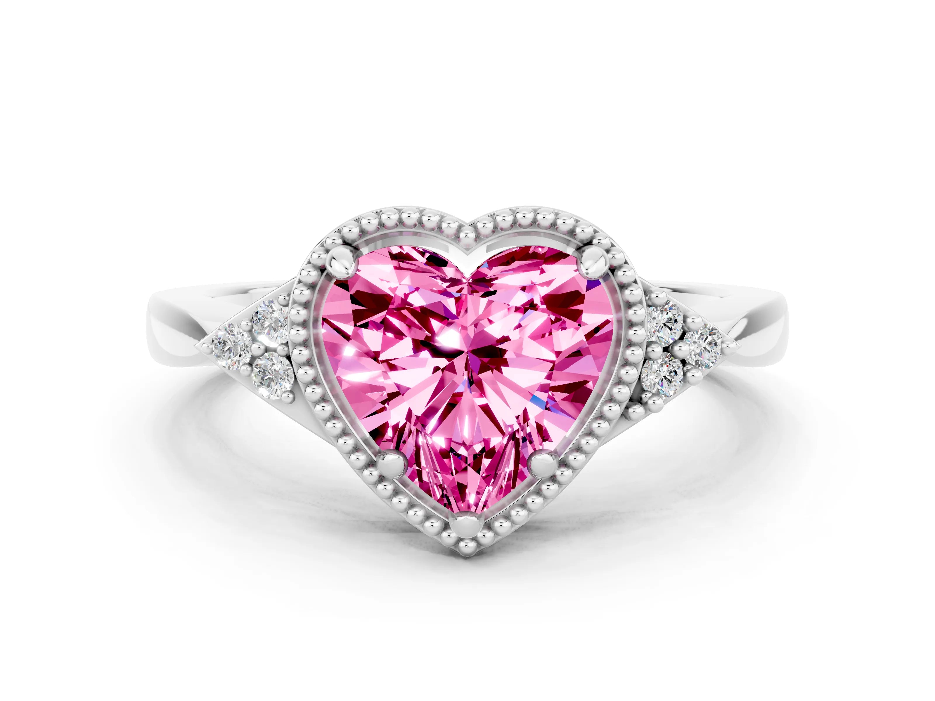 White gold Heart Cut Pink Sapphire Halo Ring with Tapered Band and Four-Prong Setting