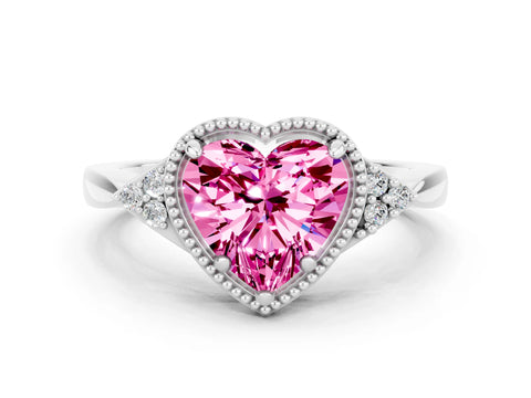 White gold Heart Cut Pink Sapphire Halo Ring with Tapered Band and Four-Prong Setting