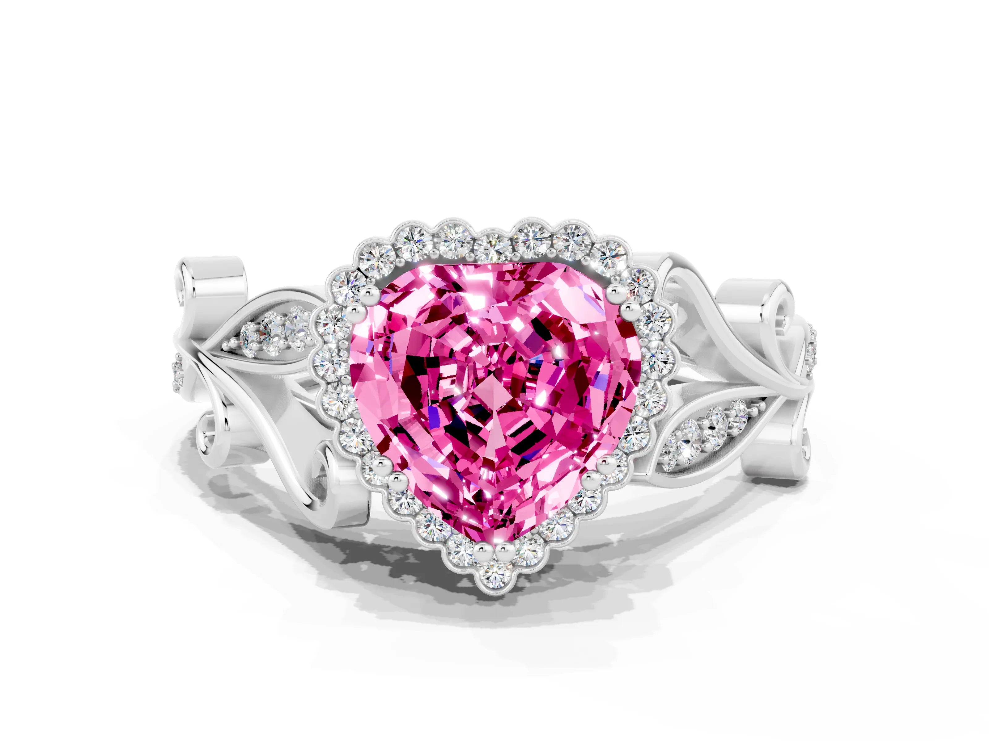 White gold Heart Cut Pink Sapphire Halo Ring with Vintage Split Shank and Four-Prong Setting_24