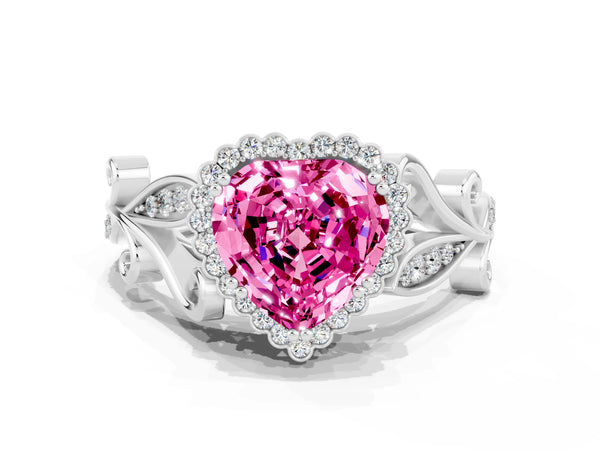 Platinum Heart Cut Pink Sapphire Halo Ring with Vintage Split Shank and Four-Prong Setting